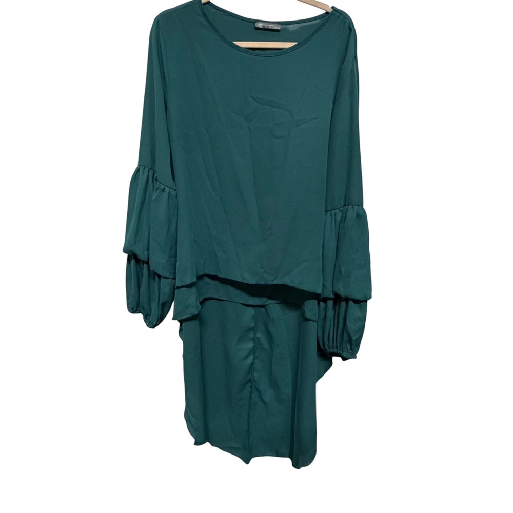 PrettyGarden Emerald Green Hi Low Tunic Dress XL Balloon Sleeve Layered Hem